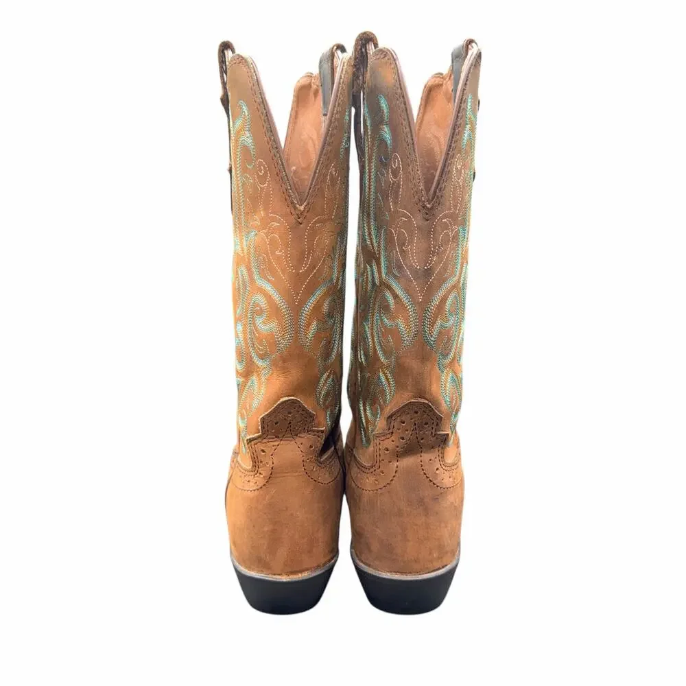 Justin Leather Western Boots Tan Turquoise Stitch Women 7B